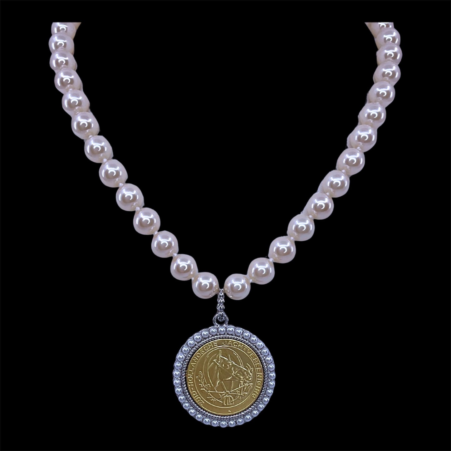 Vintage Hand Knot Pearl With Vintage Mixed Metal Repurposed Horse Hunting Coin