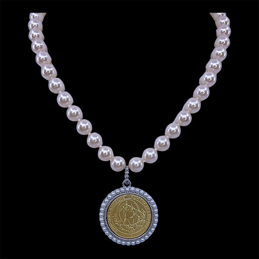 Vintage Hand Knot Pearl With Vintage Mixed Metal Repurposed Horse Hunting Coin