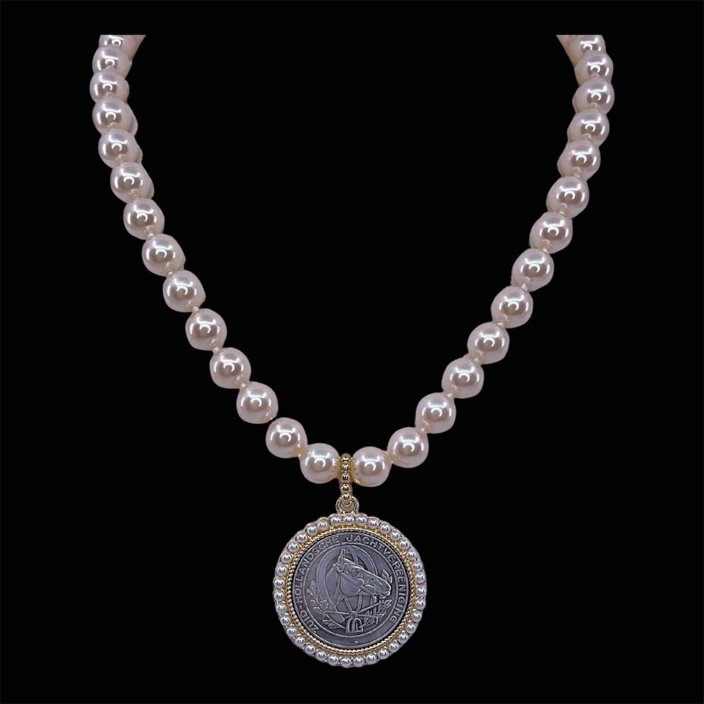 Vintage Hand Knot Pearl With Mixed Metal Repurposed Horse Hunting Coin