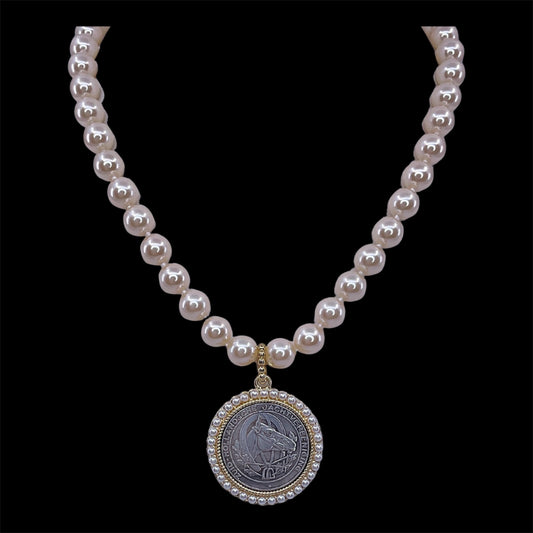 Vintage Hand Knot Pearl With Mixed Metal Repurposed Horse Hunting Coin