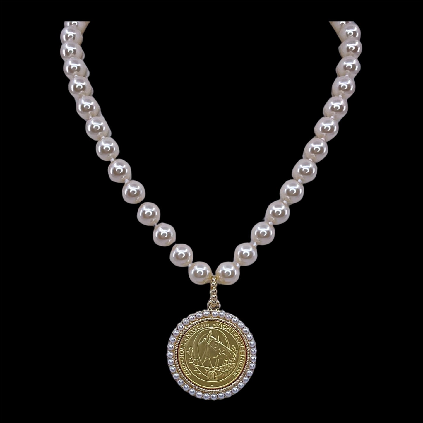 Vintage Hand Knot Pearl With Repurposed Horse Hunting Coin