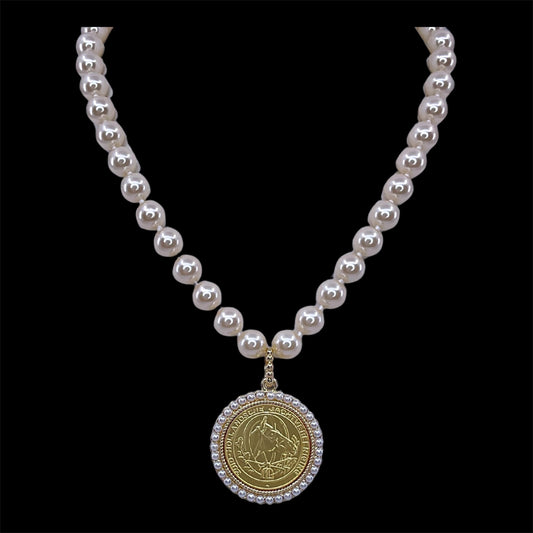 Vintage Hand Knot Pearl With Repurposed Horse Hunting Coin