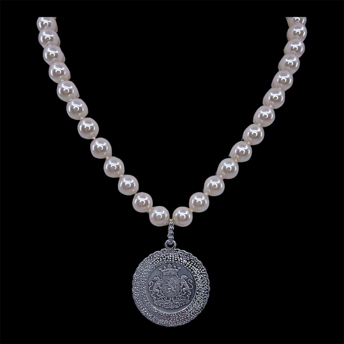 Vintage Hand Knot Pearl With Vintage Repurposed Horse Hunting Coin