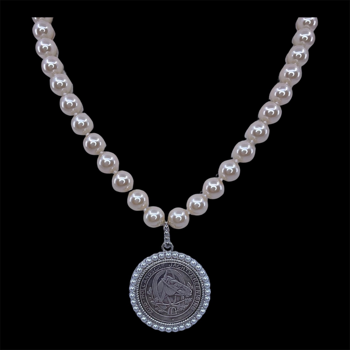 Vintage Hand Knot Pearl With Vintage Repurposed Horse Hunting Coin