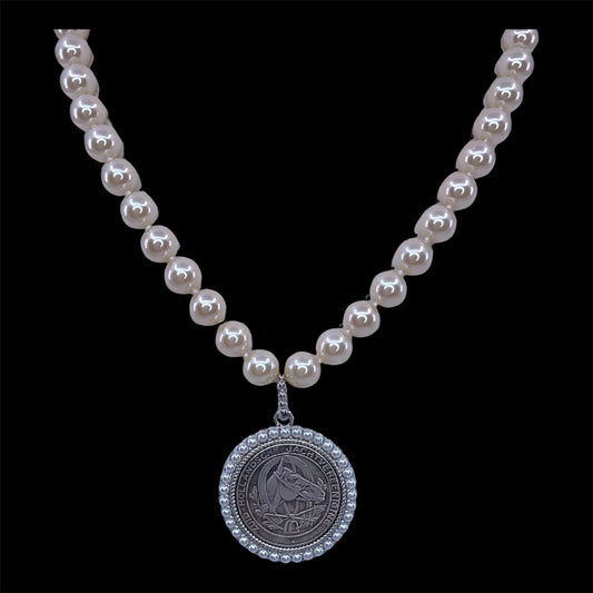 Vintage Hand Knot Pearl With Vintage Repurposed Horse Hunting Coin
