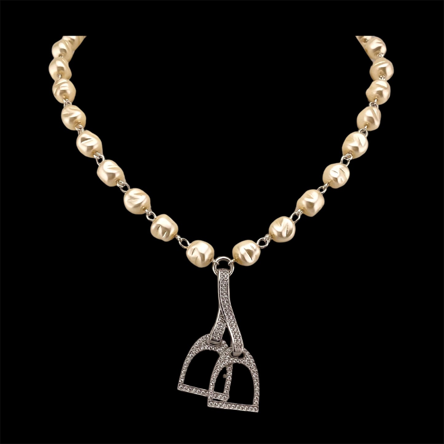 Vintage Faux Pearls with Rhinestone Horse Stirrups