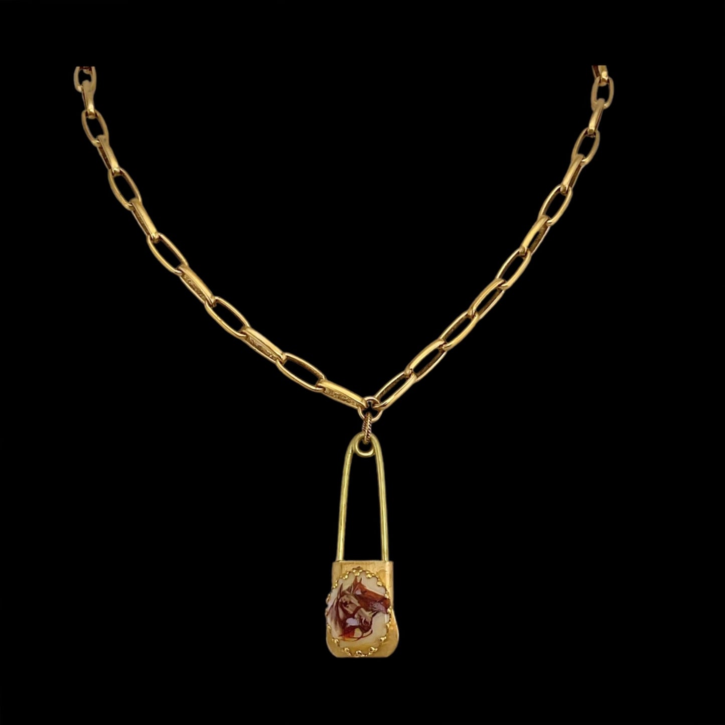 Vintage Twin Horse Cameo Gold Plated Laundry Pin Necklace