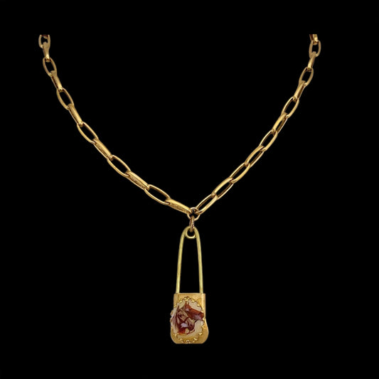 Vintage Twin Horse Cameo Gold Plated Laundry Pin Necklace