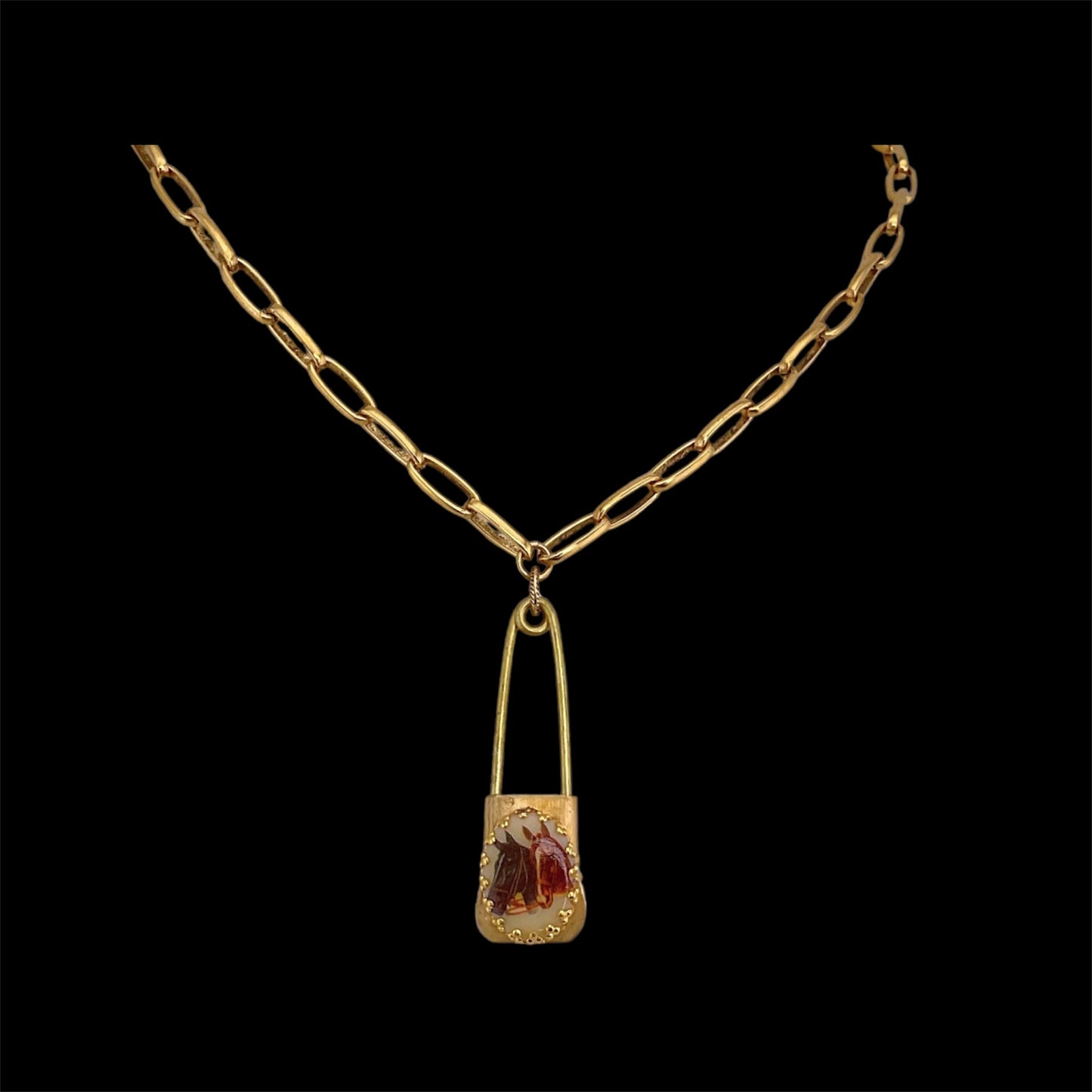 Vintage Twin Horse Cameo Necklace With Vintage Gold Plated Laundry Pin