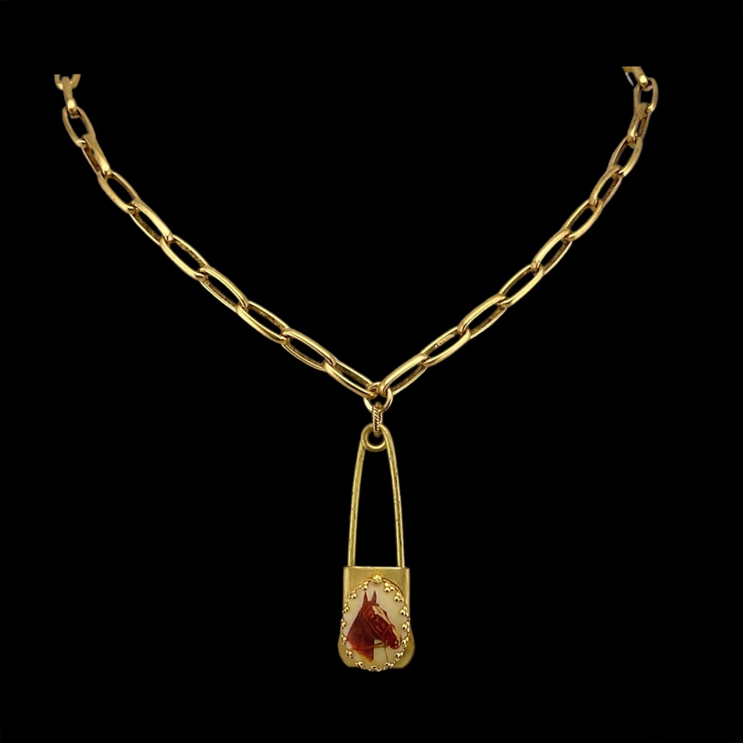 Vintage Horse Cameo Gold Plated Laundry Pin Necklace