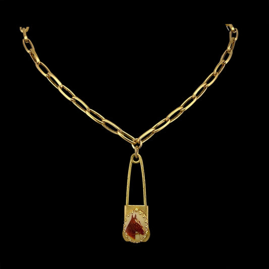 Vintage Horse Cameo Gold Plated Laundry Pin Necklace