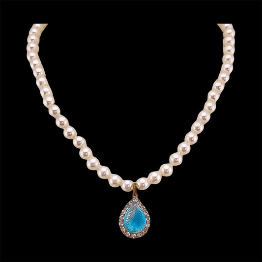 Vintage Faux Pearl Necklace with Vintage Light Blue Tear Drop French Crystal Pendant