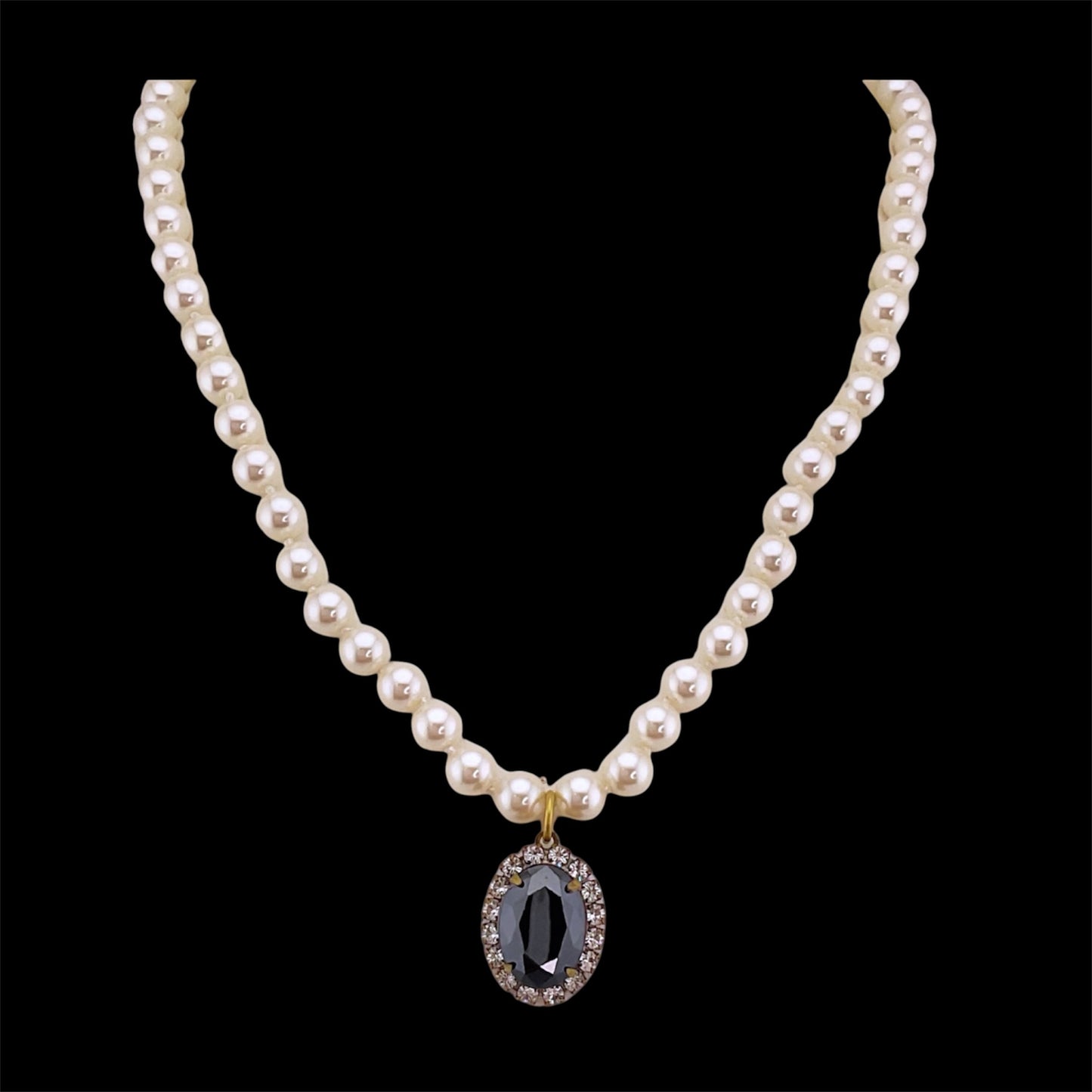 Vintage Faux Pearl Necklace with Vintage Black French Crystal Pendant
