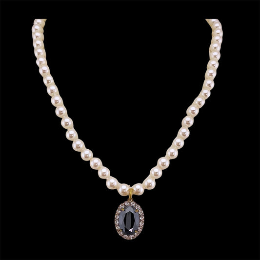 Vintage Faux Pearl Necklace with Vintage Black French Crystal Pendant