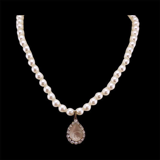 Vintage Faux Pearl Necklace with Vintage Rose Engraved French Crystal Pendant