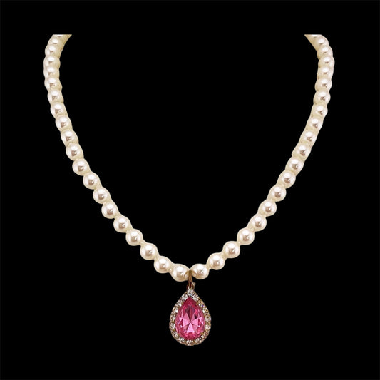 Vintage Faux Pearl Necklace with Vintage Pink Tear Drop French Crystal Pendant