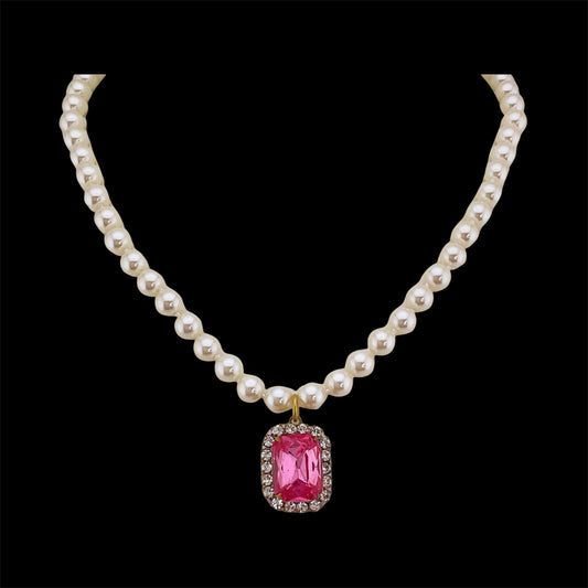 Vintage Faux Pearl Necklace with Vintage Pink Square French Crystal Pendant