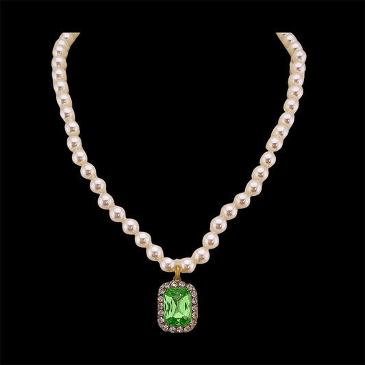 Vintage Faux Pearl Necklace with Vintage Green Square French Crystal Pendant