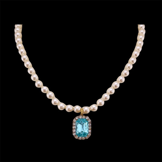 Vintage Faux Pearl Necklace with Vintage Light Blue Square French Crystal Pendant