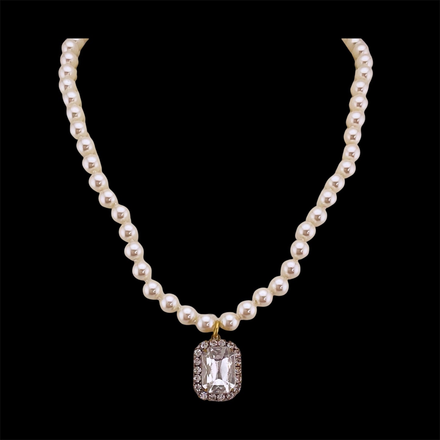 Vintage Faux Pearl Necklace with Vintage Square French Crystal Pendant
