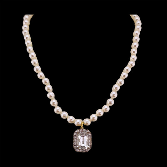 Vintage Faux Pearl Necklace with Vintage Square French Crystal Pendant