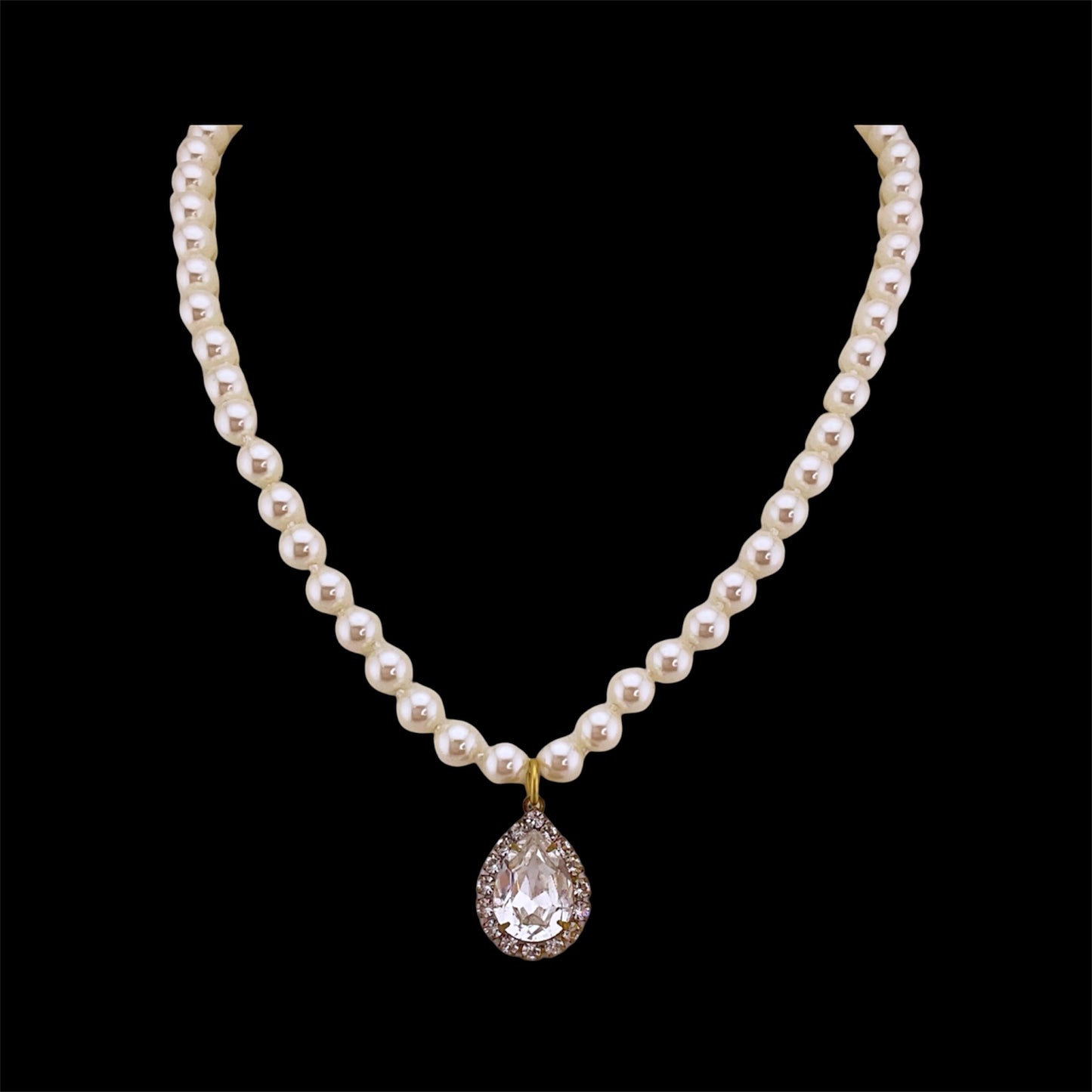Vintage Faux Pearl Necklace with Vintage Tear Drop French Crystal Pendant