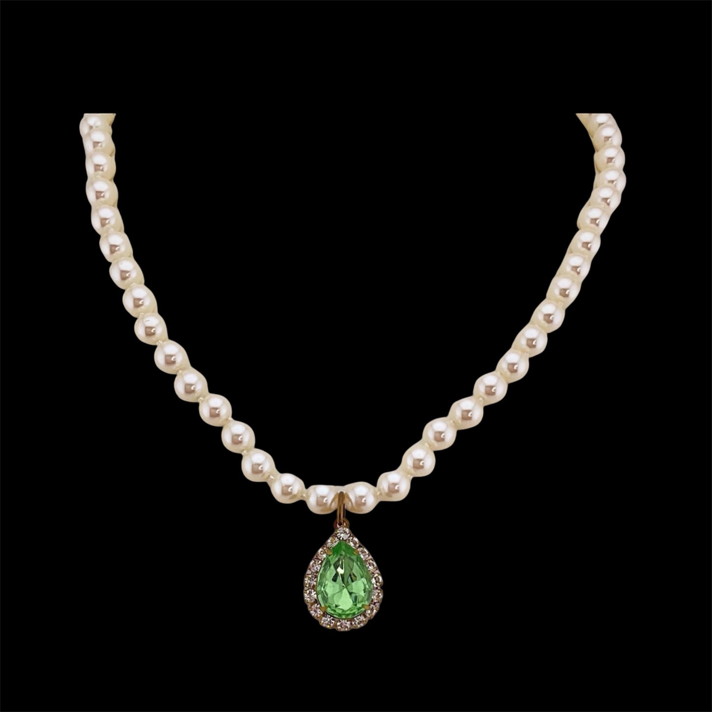 Vintage Faux Pearl Necklace with Vintage Green French Tear Drop Crystal Pendant