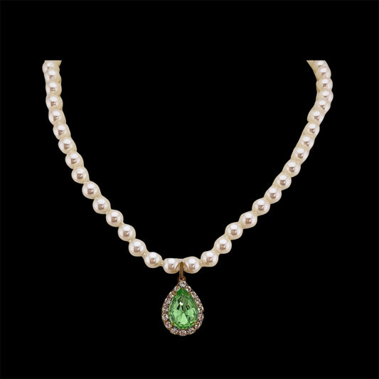 Vintage Faux Pearl Necklace with Vintage Green French Tear Drop Crystal Pendant