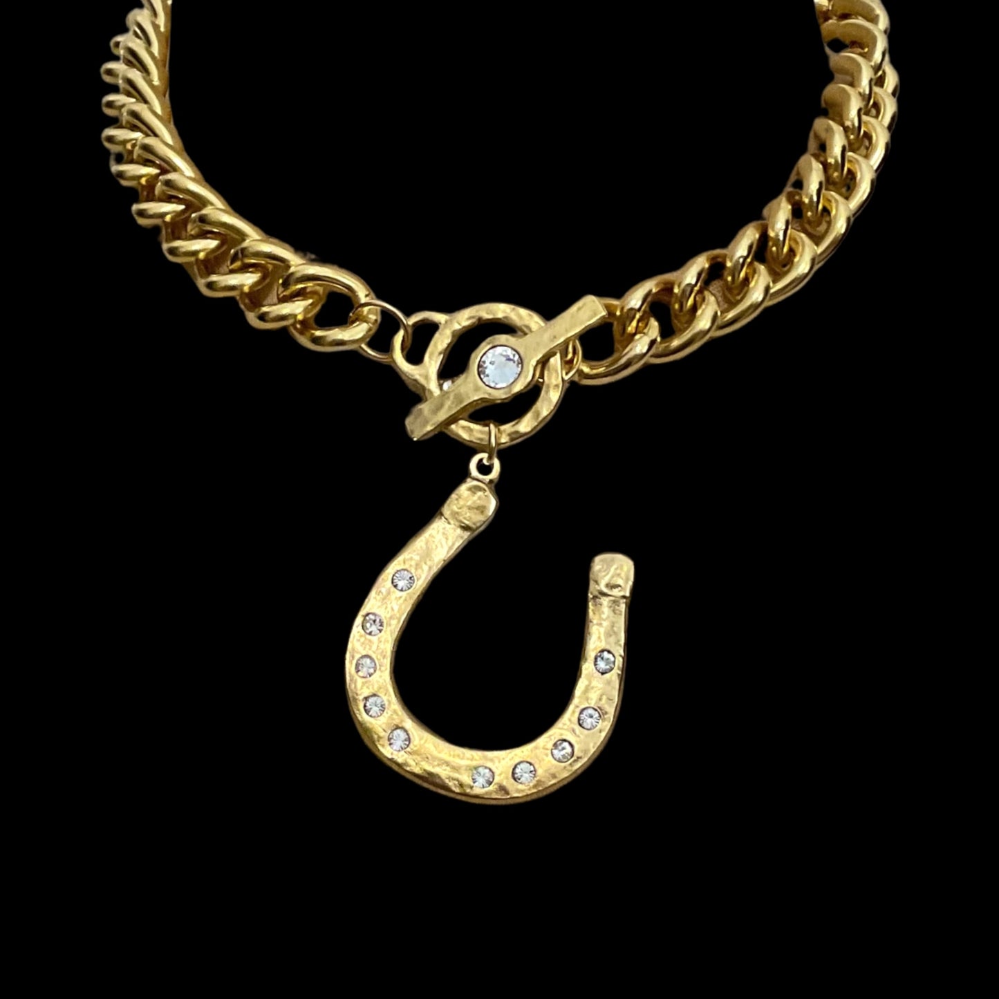 Vintage Reproduction Gold Plated Rhinestone Horseshoe Toggle Necklace