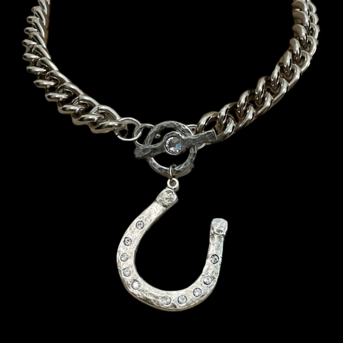 Vintage Reproduction Sterling Plated Rhinestone Horseshoe Toggle Necklace