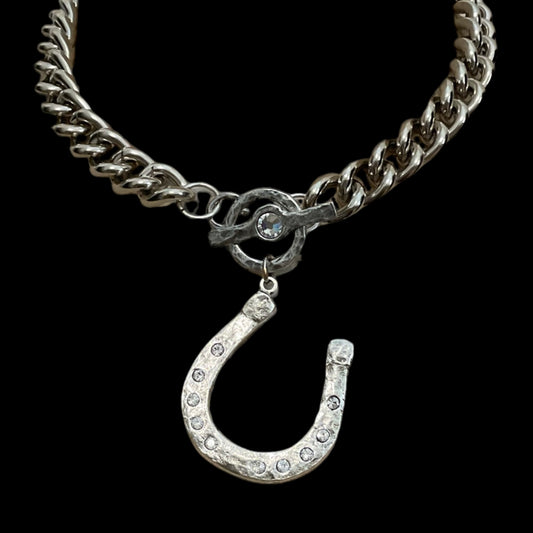 Vintage Reproduction Sterling Plated Rhinestone Horseshoe Toggle Necklace
