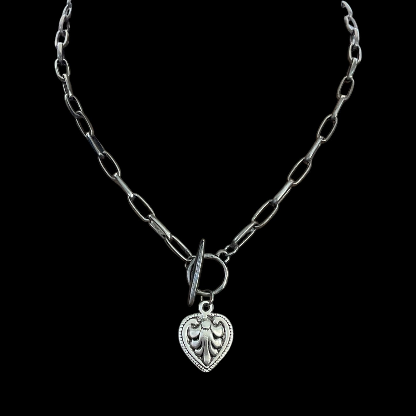 Vintage Sterling Plated Etched Toggle heart Necklace