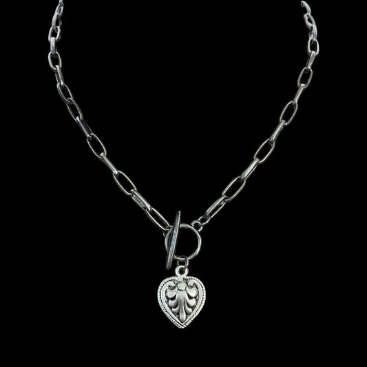 Vintage Sterling Plated Etched Toggle heart Necklace