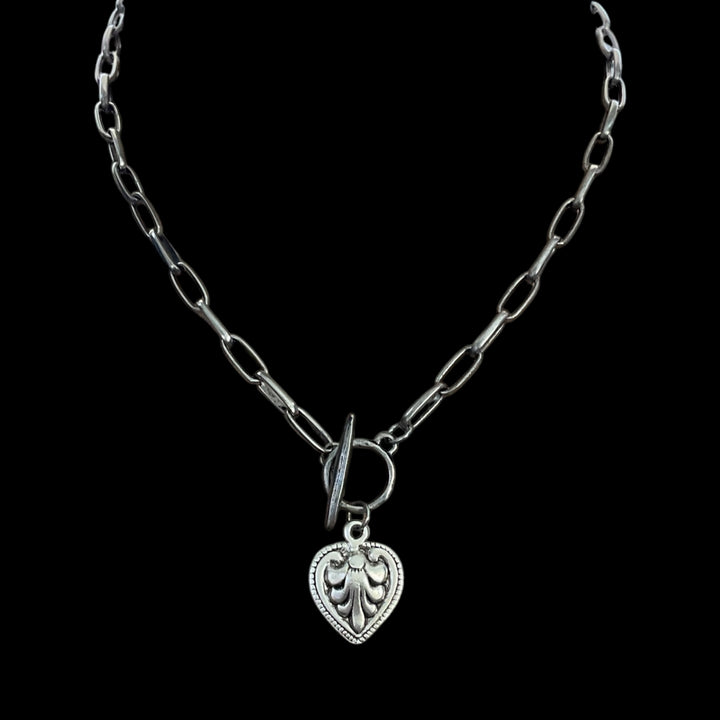 Vintage Sterling Plated Etched Toggle heart Necklace
