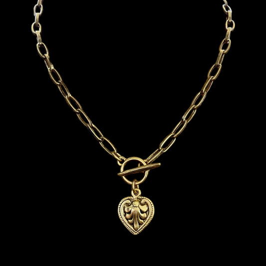 Vintage Gold Plated Etched Toggle heart Necklace