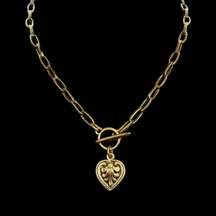 Vintage Gold Plated Etched Toggle heart Necklace