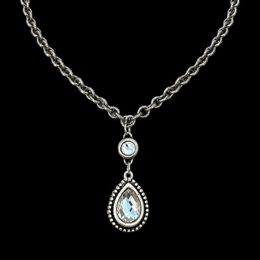 Vintage Reproduction sterling plated chain and bezel-set crystal and faceted teardrop crystal pendant