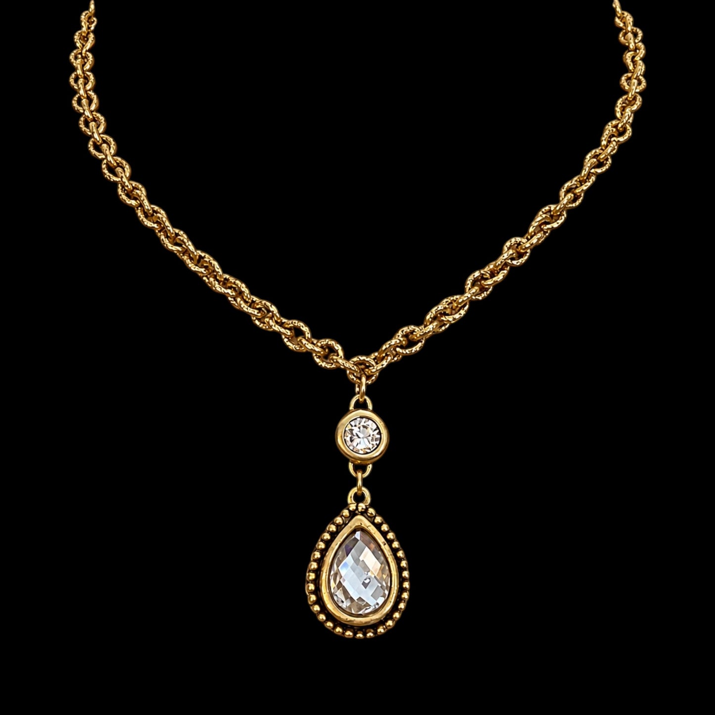 Vintage Reproduction gold plated chain and bezel-set crystal and faceted teardrop crystal pendant