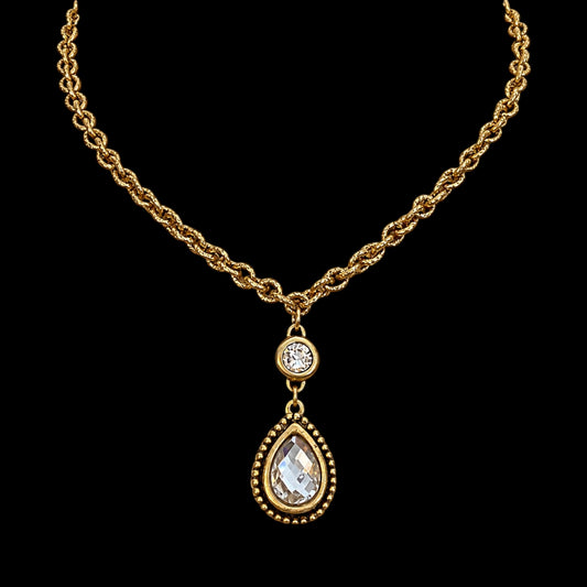 Vintage Reproduction gold plated chain and bezel-set crystal and faceted teardrop crystal pendant