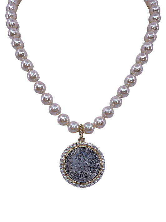 Vintage Hand Knot Pearl With Mixed Metal Repurposed Horse Hunting Coin