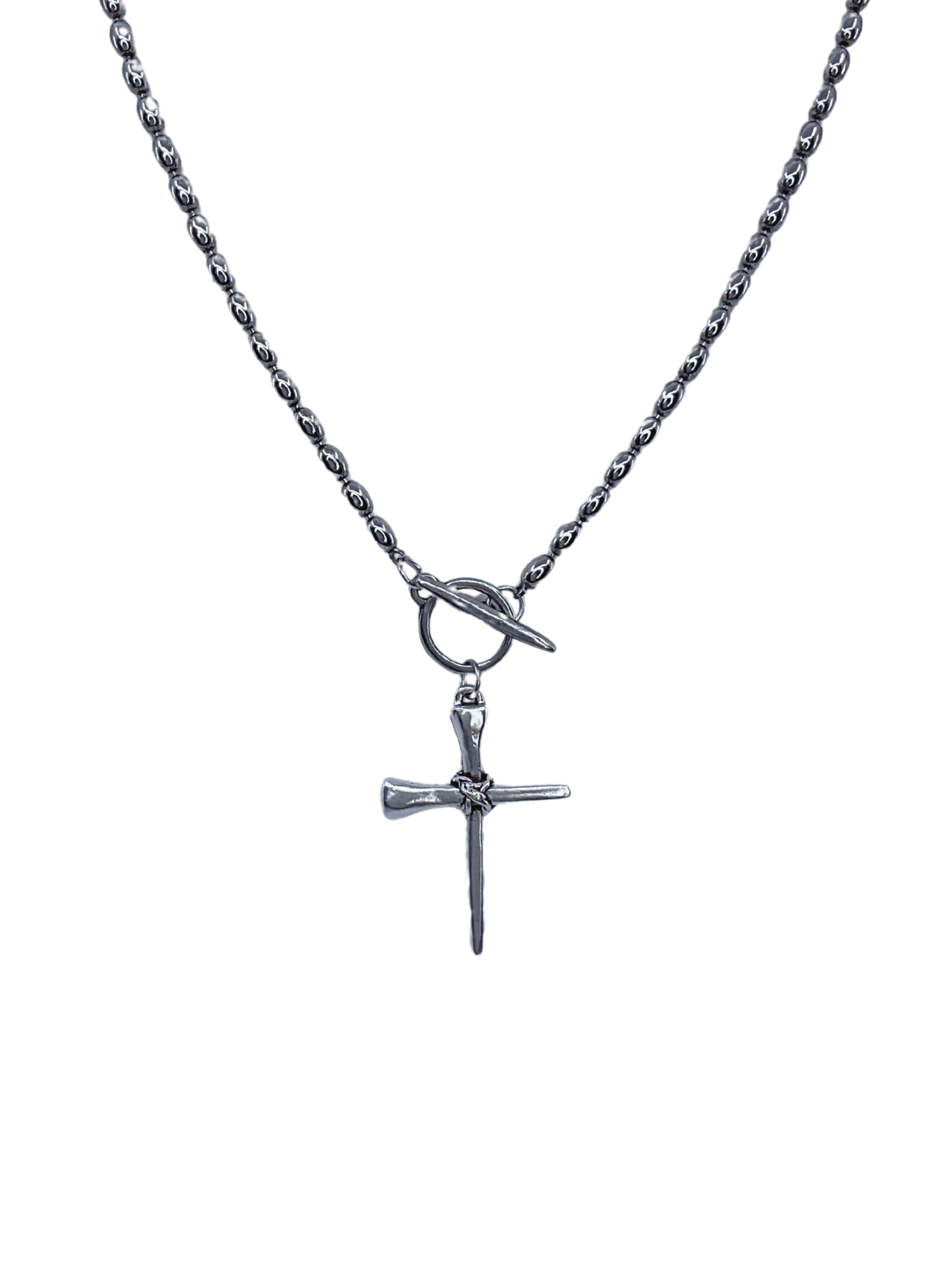 vintage Sterling Plated oval bead Chain With horseshoe nail Cross Pendant