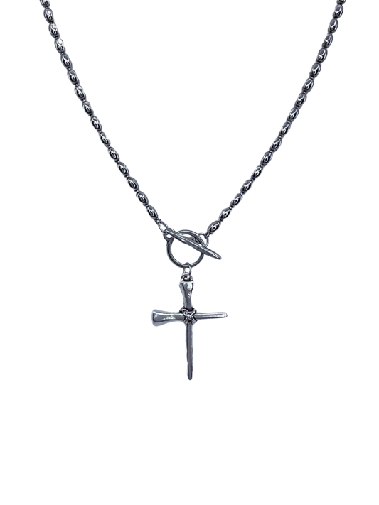 vintage Sterling Plated oval bead Chain With horseshoe nail Cross Pendant