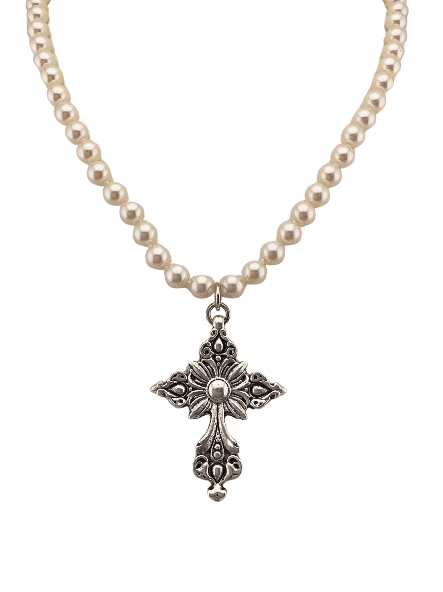 Vintage Faux Pearl Necklace with Vintage Sterling Plated Cross Pendant