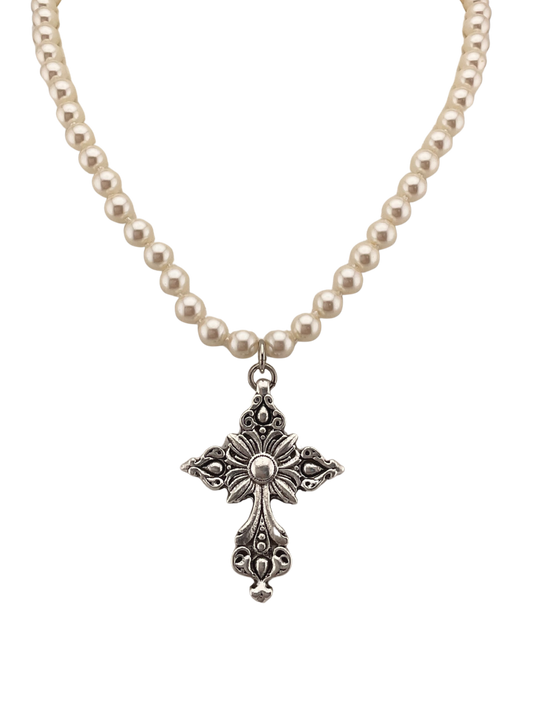 Vintage Faux Pearl Necklace with Vintage Sterling Plated Cross Pendant