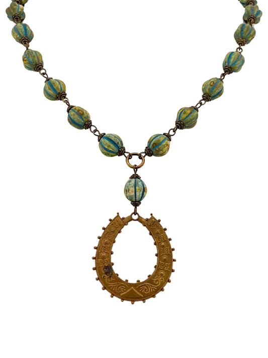 Vintage African Turquoise Melon Beads with Vintage Brass Horse shoe Pendant