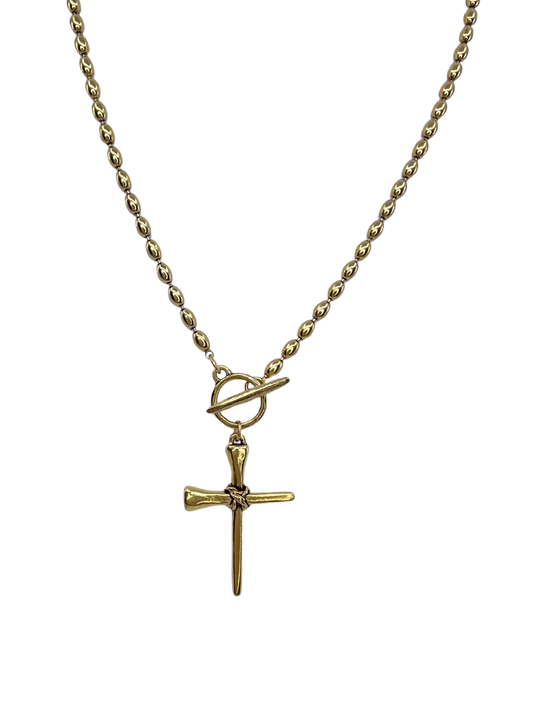Gold Plated oval bead Chain With horseshoe nail Cross Pendant