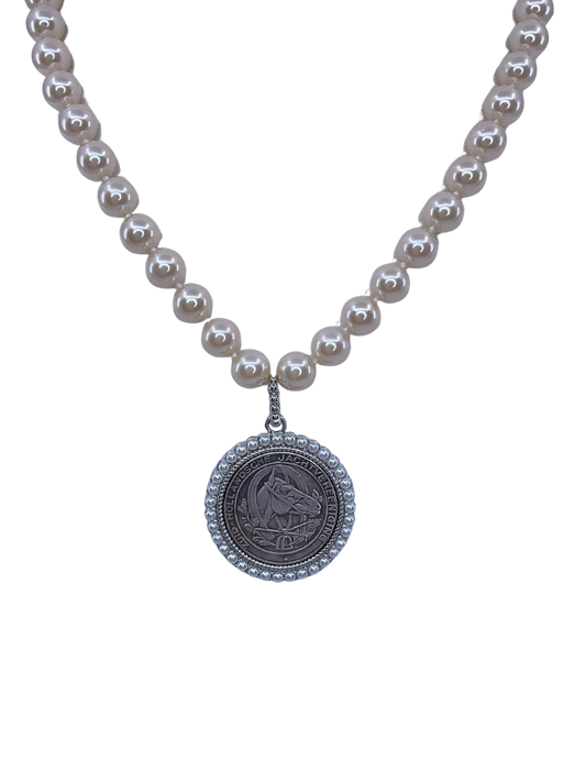 Vintage Hand Knot Pearl With Vintage Repurposed Horse Hunting Coin