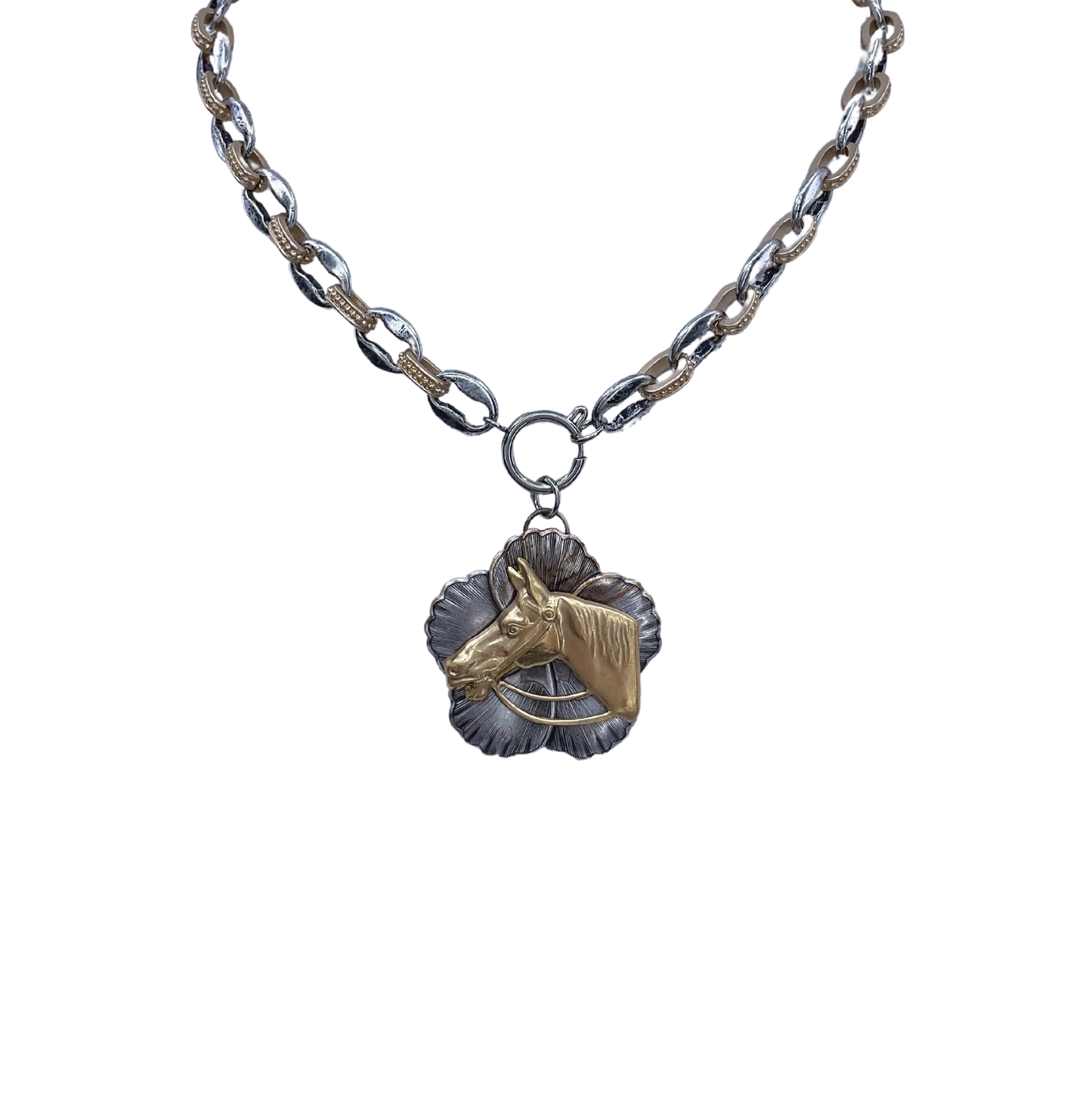 Mixed Metal Vintage Chain with Magnolia and Gold Plated Horse Head Pendant