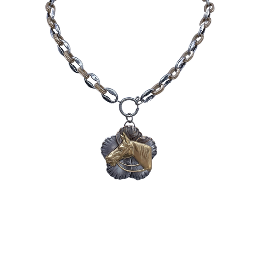 Mixed Metal Vintage Chain with Magnolia and Gold Plated Horse Head Pendant