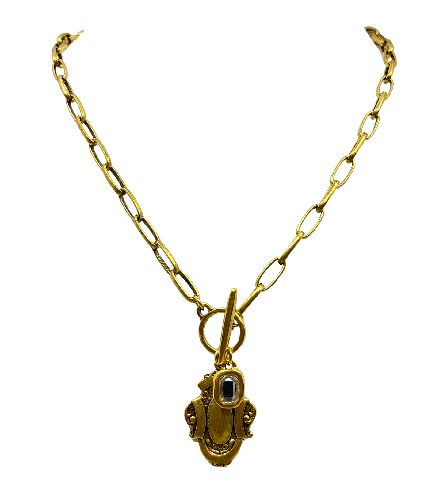 Gold Plated 18" Chain with Reproduction Watch Fob Pendant and Swarovski Crystal
